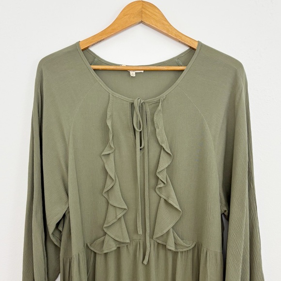Easel Boho Green Olive Ruffle Long Sleeves Midi Dress Size Large - Picture 2 of 11